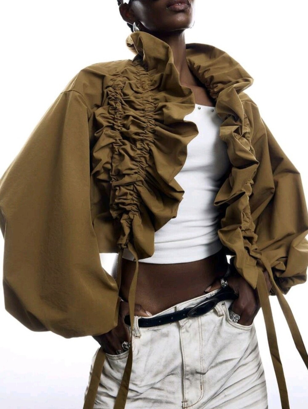 Women's Solid Color Long Sleeve Ruffle Drawstring Design Regular Jacket Office - Picture 3 of 9